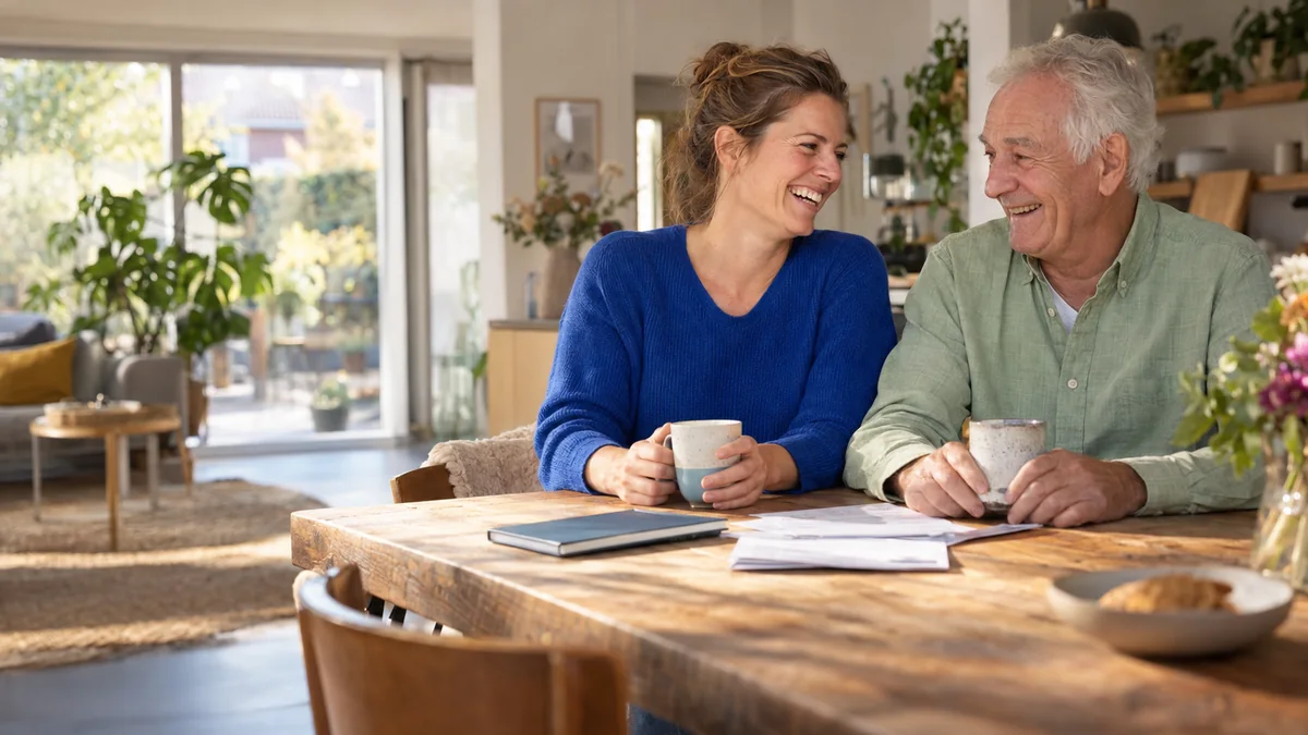 Sfeerbeeld van een dochter en haar vader die samen aan de keukentafel lachen. AI-gegenereerde fictieve personen.